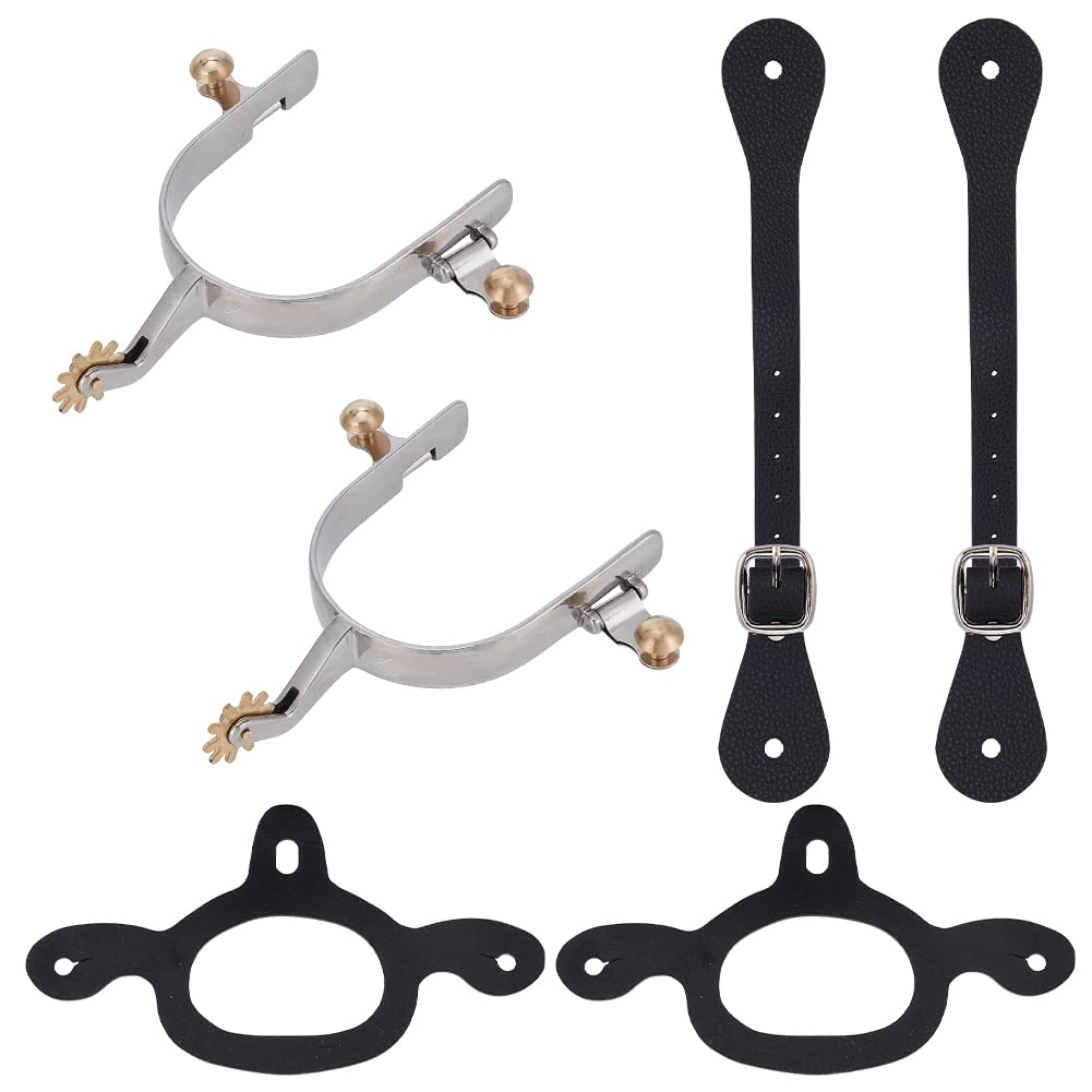 WEBEEDY 2 Pack Stainless Steel Spurs for Cowboy Boots with Tie Down Straps, Leather Belts, Western Horse Riding Spurs Rotatable Gear for Cowboy Boot Training Competition Equestrian Riding Accessories