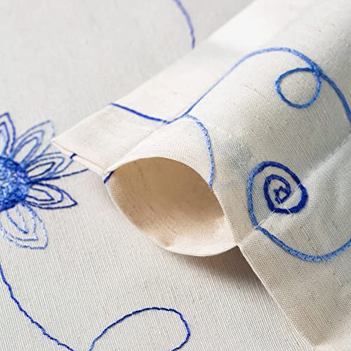 Image of VOGOL Linen Textured French Door Curtains, 40 Inches Long Floral Embroidered Rustic Door Panel, 1 Piece Rod Pocket Curtain for Front Glass Windows, Blue on Beige