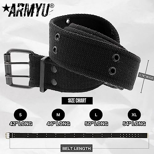 ARMYU Military Double Prong Canvas Belt, Heavy Duty Thick Cotton Army Pistol Grommet Two Hole 1.75"3