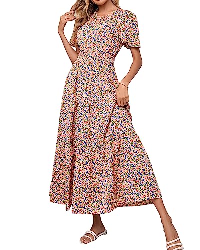 Image of PRETTYGARDEN Women's Casual Smocked Boho Floral A-Line Maxi Dress 2026 | Summer Short Flutter Sleeve Crewneck Tiered Long Sundress,Fall Wedding Guest Dresses,Spring Cute Flowy Beach Vacation Clothes