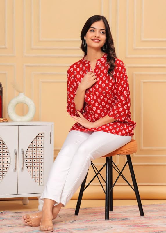 Image of Women's Cotton Printed Kurta Top | 3 /4 Sleeve Straight Kurti Casual Outings
