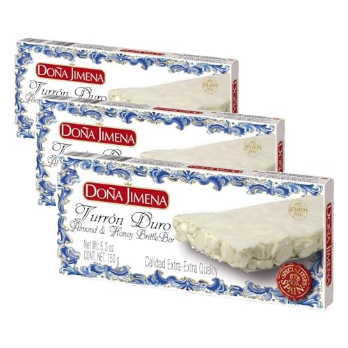 DOÑA JIMENA - Turrón Duro Extra con Almendra Miel y Clara de Huevo, Textura Crujiente, Típico Dulce Navideño Calidad Suprema Sin Gluten, Turrón Tradicional 150G (Paquete de 3)