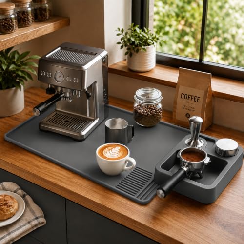 Image of Silicone Coffee Mat and Espresso Tamping Mat, Detachable Espresso Mat Accessories, Coffee Bar Mat Suitable for Use Under coffee Maker, Dish Drying Mat for Kitchen Countertop Protector, Gray