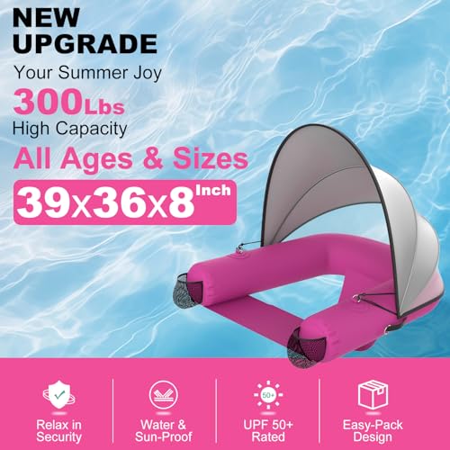 Image of Adult Inflatable Pool Floats | UPF50+ & Rain Canopy | 2 Large Drink Holders| Deepened Seat | Inflatable Lounger Float for Swimming Pool /Beach /Lake /Party | Pink