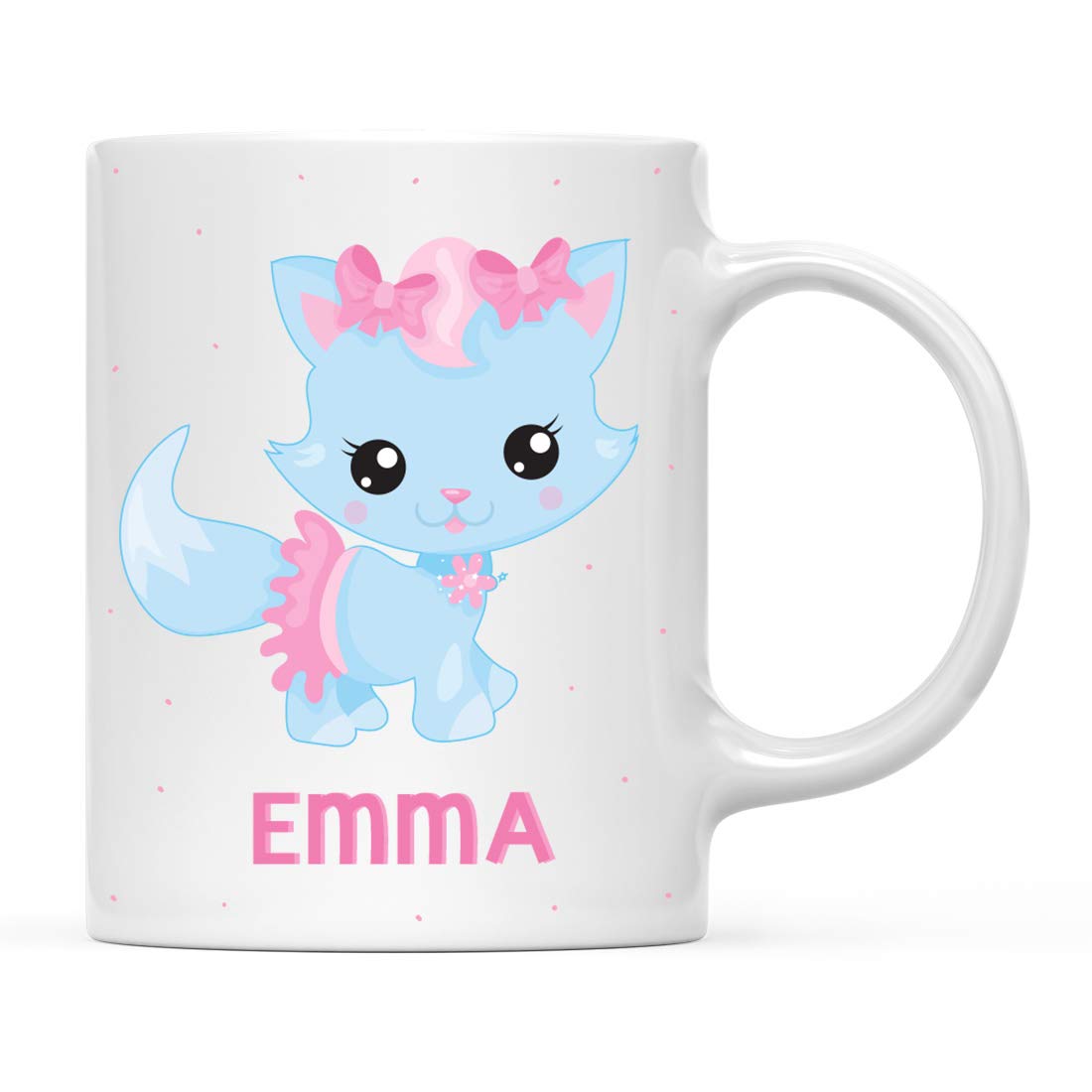 Andaz Press Personalized 11oz. Kids Milk Hot Chocolate Mug, Blue Cat with Pink Bow, 1-Pack, Custom Child’s Birthday Christmas Coffee Cup
