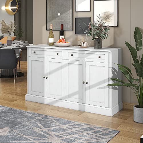 60'' Storage Cabinet Buffet Sideboard With 2 Drawers & 4 Doors, Wood Large Cabinet Console Table Entryway Cupboard With Adjustable Shelves For Kitchen Dining Room Living Room (Antique White-60'') #TOP2
