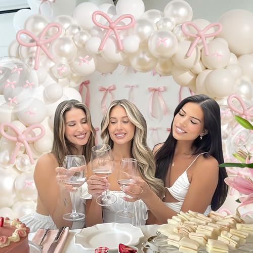 Image of Pearl Balloon Arch Kit, JOGAMS 199Pcs White Bow Balloon Arch Kit with 260 Clear Balloons Pink Ribbon Bow for Coquette Bow Theme Birthday Baby Shower Wedding Bachelorette Bridal Shower Party