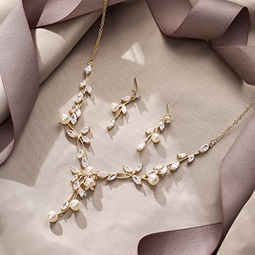 Image of EVER FAITH Wedding Cubic Zirconia Jewelry Set for Women, Marquise White Simulated Pearl Floral Vine Bridal Prom Necklace Earrings for Bride