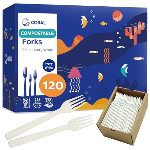 CORAL Ivory White 100% Compostable Forks - 120 Heavy Duty Forks (7.0 inch) - Break Resistant with