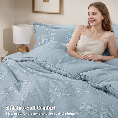 Image of PHF Cotton Jacquard Comforter Set Twin, Soft Breathable, Stormy Blue