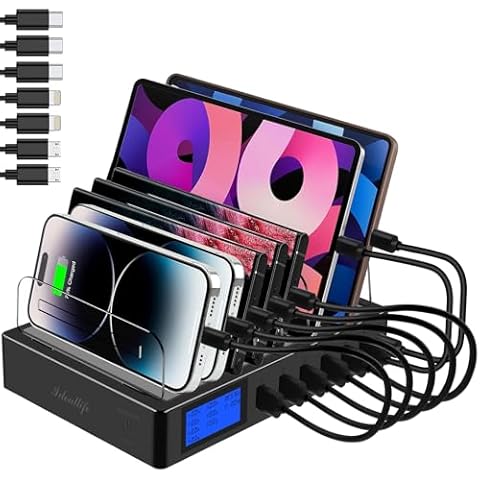 ideallife Charging Station for Multiple Devices for 7 Ports Fast USB Charger with Type C PD20W QC3.0, Fast Desktop Docking Station Compatible with iPhone ipad Samsung Smart Phones Cover