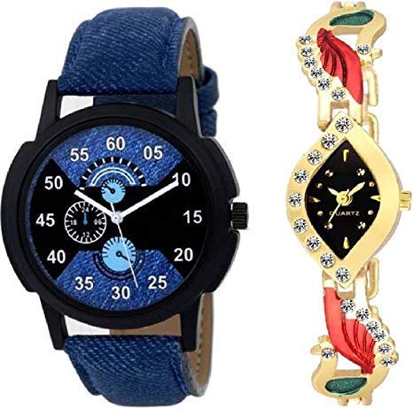 crispy Analogue Blue Denim Belt Men's Watch & Gold-Stone Women's Watch Combo for Couples