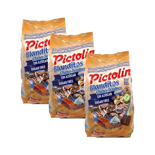 Pictolín Blanditos Sin Azúcar, Caramelos Masticables Surtidos de Chocolate, Café y Toffee, Pack 3 Bolsas, 3 kg Total