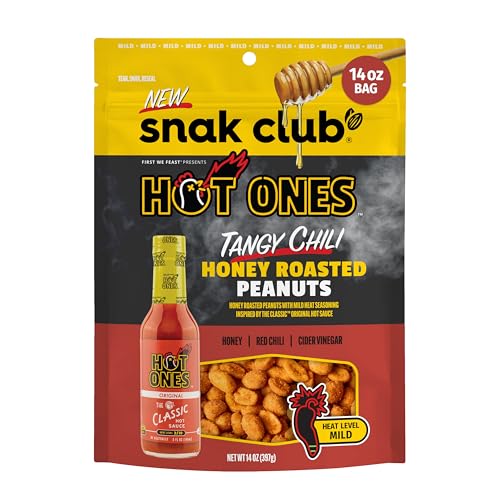 Snak Club x Hot Ones Honey Roasted Peanuts, Tangy Chili, Spicy Nuts, Inspired by Hot Ones, Vegan Snack, 14 oz Resealable Bag