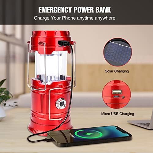 Portable LED Camping Lantern,1200mAh Rechargeable Solar USB Torch and Tent Lamp Power Supply for Phone,Upgrade Collapsible Camping Lights for Fishing,Emergency Hiking Outdoor (Red)