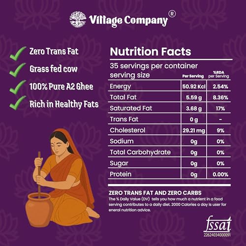 Image of Village Company A2 Cow Ghee Bilona Method | Kankrej Cow A2 Ghee | Bilona Ghee | Desi Cow Ghee | Two Way Curd Churned | Grainy Danedar Aromatic | Lab Tested | Glass Jar - 550 ML A2 Pure Ghee