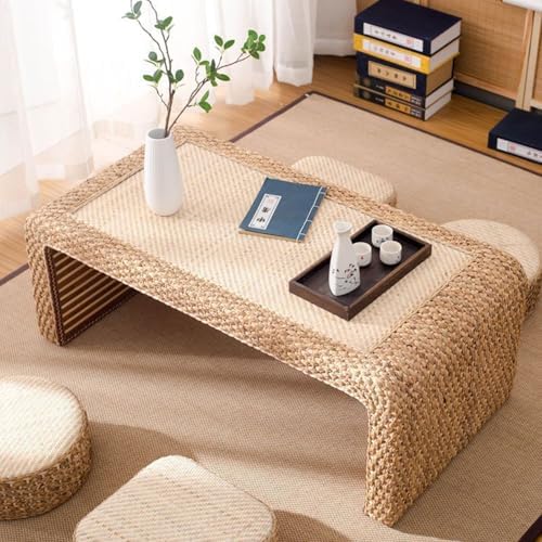 Multifunctional Rattan Japanese Coffee Table, Portable Low Floor Dining Table, Easy Storage, Ideal for Sitting on The Floor, Stylish & Space-Saving Design