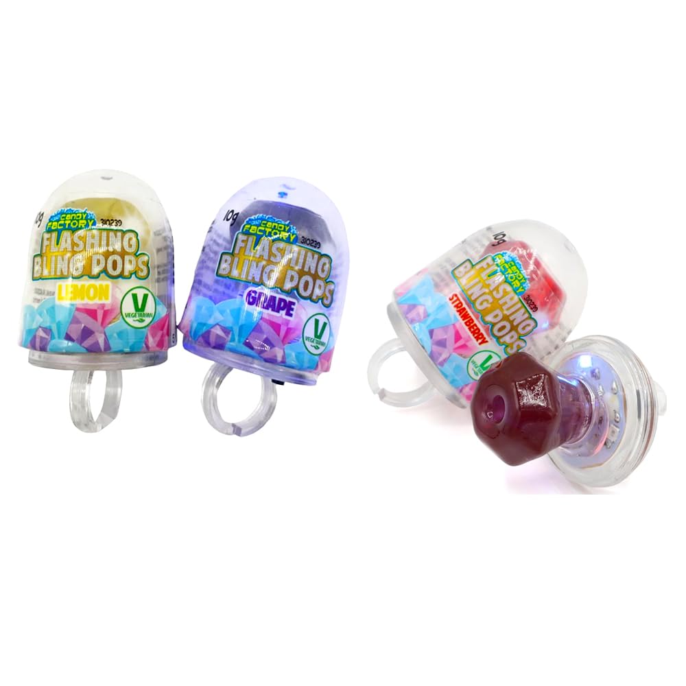 Flashing Bling Pops 10g - Grape, lemon & strawberry flavour lollipops (Half box (6 ring pops))