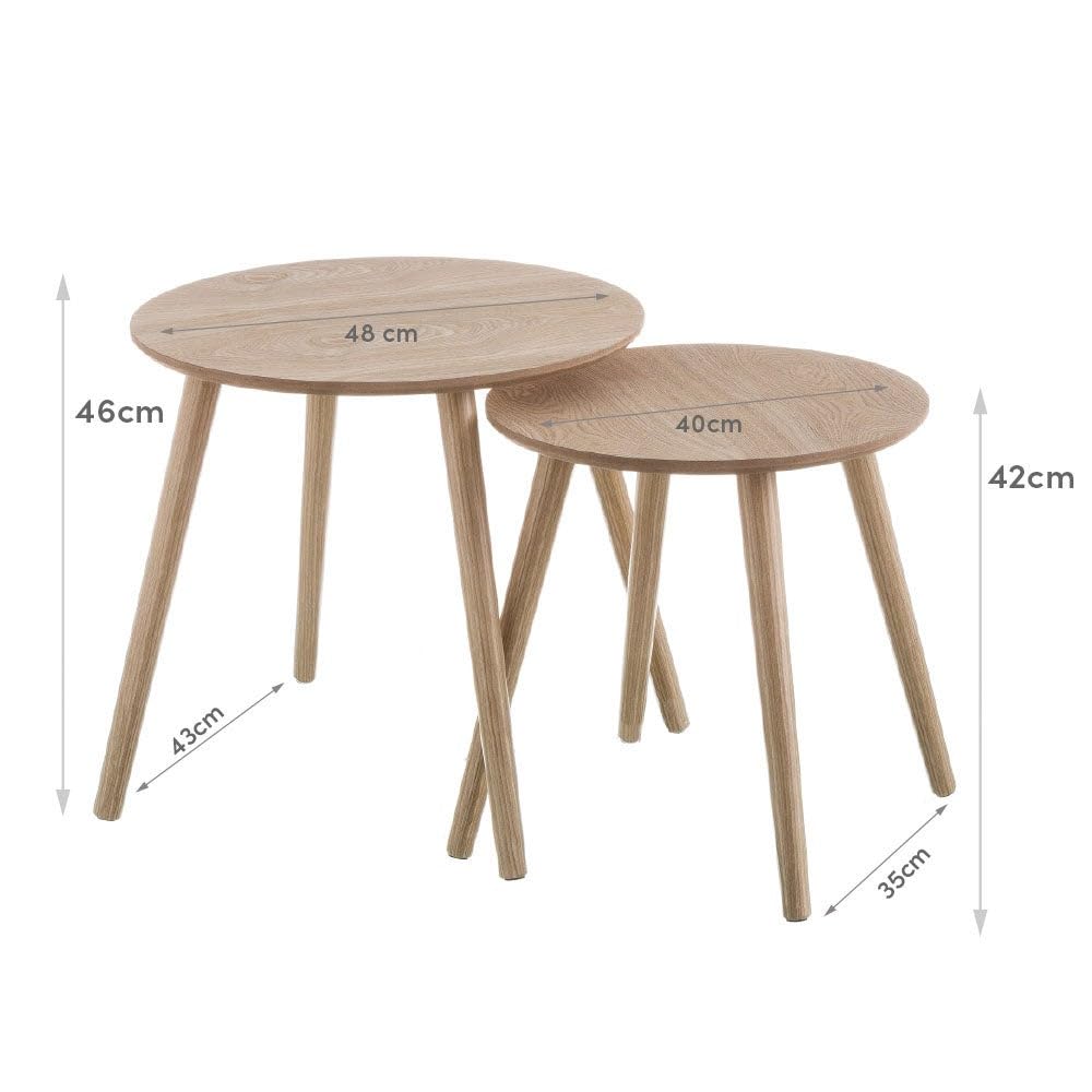LOLAhome - Set de 2 mesitas Nido auxiliares Redondas laminadas en Tono Natural de 48 y 40 cm de diámetro para salón o despacho