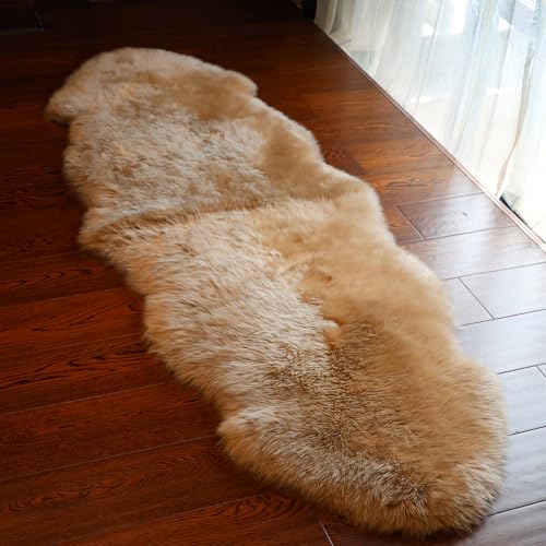RZLWOOL Genuine Sheepskin Rug New Zealand Fluffy Lambskin Rug, Natural Luxury Sheepskin Throw for Bedroom Living Room Children's Room - Premium Area Rug Chair Cover (2×6 Feet, Worm Brown)
