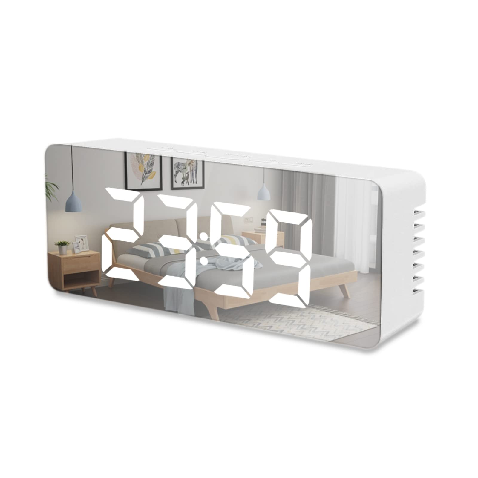 HONPOLOMirror Alarm Clock Led Digital Display Electronic Clock With White Backlight, Power-Off Time Memory, Automatic Adjustment Brightness, Temperature Display ℃/℉, 12/24 Hour Switching (White)