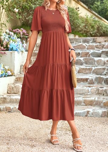 Image of KIRUNDO Summer Dresses for Women 2026 Spring Casual Flutter Short Sleeve Wedding Guest Smocked Flowy Tiered Aline Midi Dress