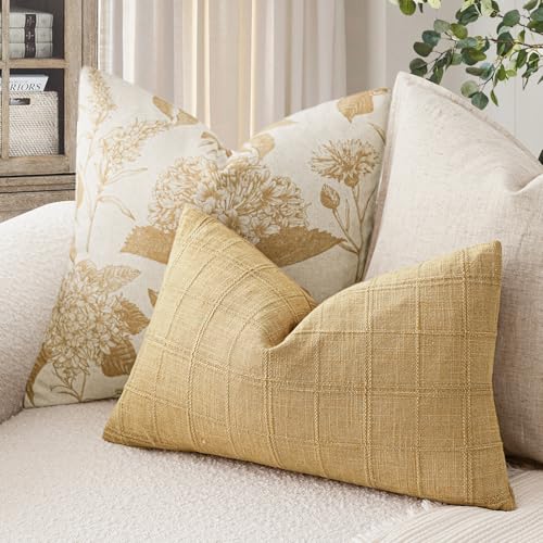 Image of Foindtower Set of 1 Decorative Linen Check Throw Pillow Cover Neutral Farmhouse Lumbar Cushion Cover Modern Boho Accent Home Decor for Sofa Chair Couch Bedroom Living Room,12x20 Inch,Amber Gold