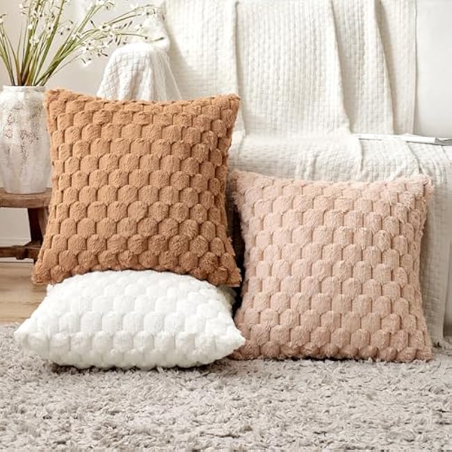 Woaboy Light Brown Soft Faux Fur Pillow Covers 18x18 Inch Set of 2 Decorative Fuzzy Plush Throw Pillowcases for Home Decor Sofa Couch Bed Living Room