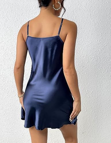 Avidlove Women Sleepwear Satin Nightgown Silky Nighty Mini Nightwear Full Slip Short Chemise Dark Blue #TOP3