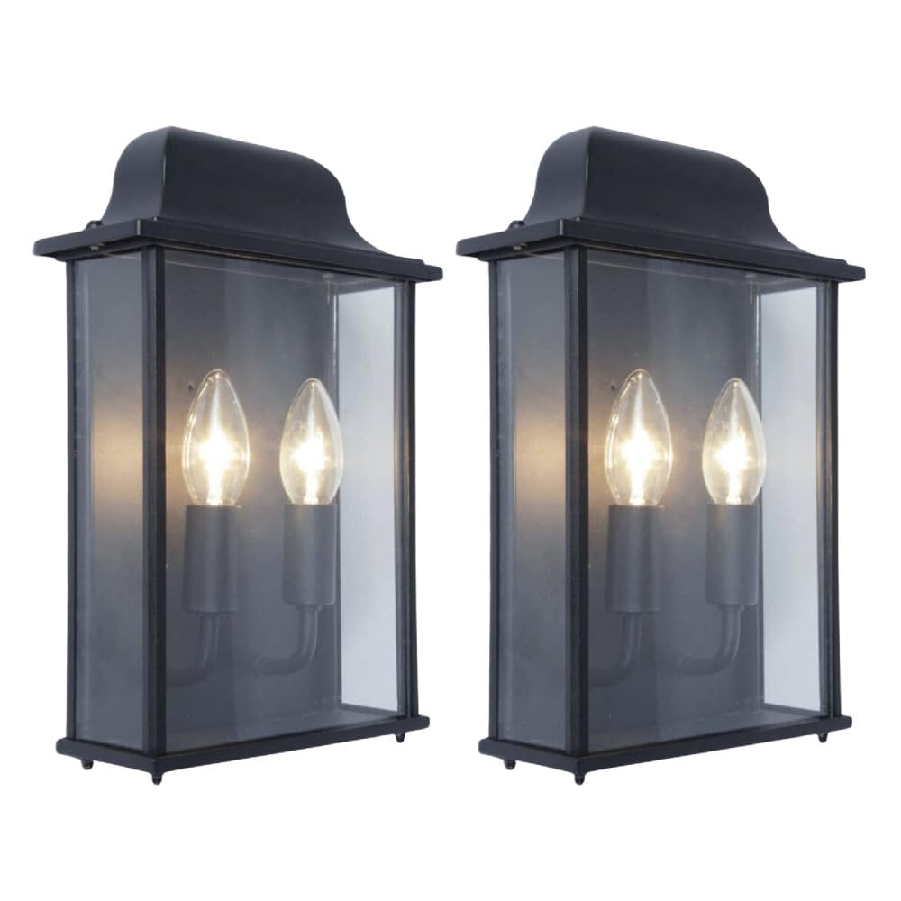Britalia 2 Pack - Black & Clear Glass Panel Outdoor Vintage Flush 2 Lamp Coach Lantern Wall Light | IP44 Rated | 34cm Height | 2 x SES E14 Lamps Required | Garden - Patio - Driveway | Aluminium