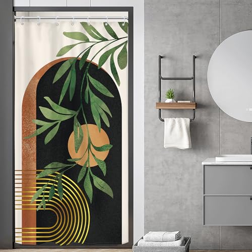 Image of Riyidecor Small Stall RV Boho Black Brown Shower Curtain Narrow Mid Century Abstract Modern Arch Leaves Sun 36Wx72H Inch Geometric Minimalist Fabric Decor Bathroom Polyester Waterproof Hooks