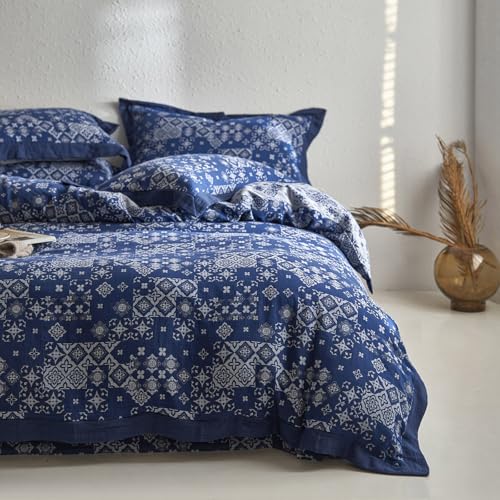 VM VOUGEMARKET Bohemian Duvet Cover Queen Navy Blue White Geometric Duvet Cover Yarn-Dyed Cotton 3 Pieces Jacquard Comforter Cover with Zipper Closure,Navy Blue/White