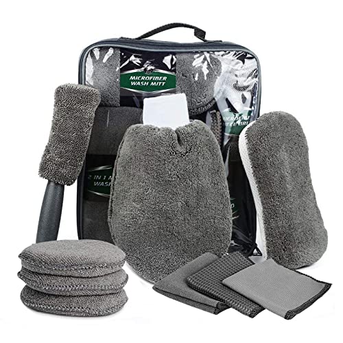 Saponhonix 9 Pièces Kit de Nettoyage de Voiture, Voiture Chiffons de Nettoyage Automobile Set, Outils Professionnels Nettoyage de Voiture, Gants de Lavage, Serviette en Microfibre, éponge