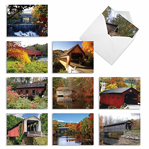 Image of The Best Card Company - 10 Beautiful Note Cards Blank (4 x 5.12 Inch) - Fall and Autumn Season, Boxed Notecard Assortment - Covered Bridges M2374OCB