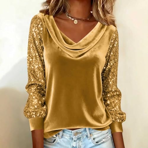 Glittery Tops Sparkly Tops for Women Long Sleeve Velvet Shirts Plus Size Sequin Top Party Womens Fall Sweaters 2026 Blusas De Algodon para Mujer Dressly Capsule Wardrobe Gold - image 2