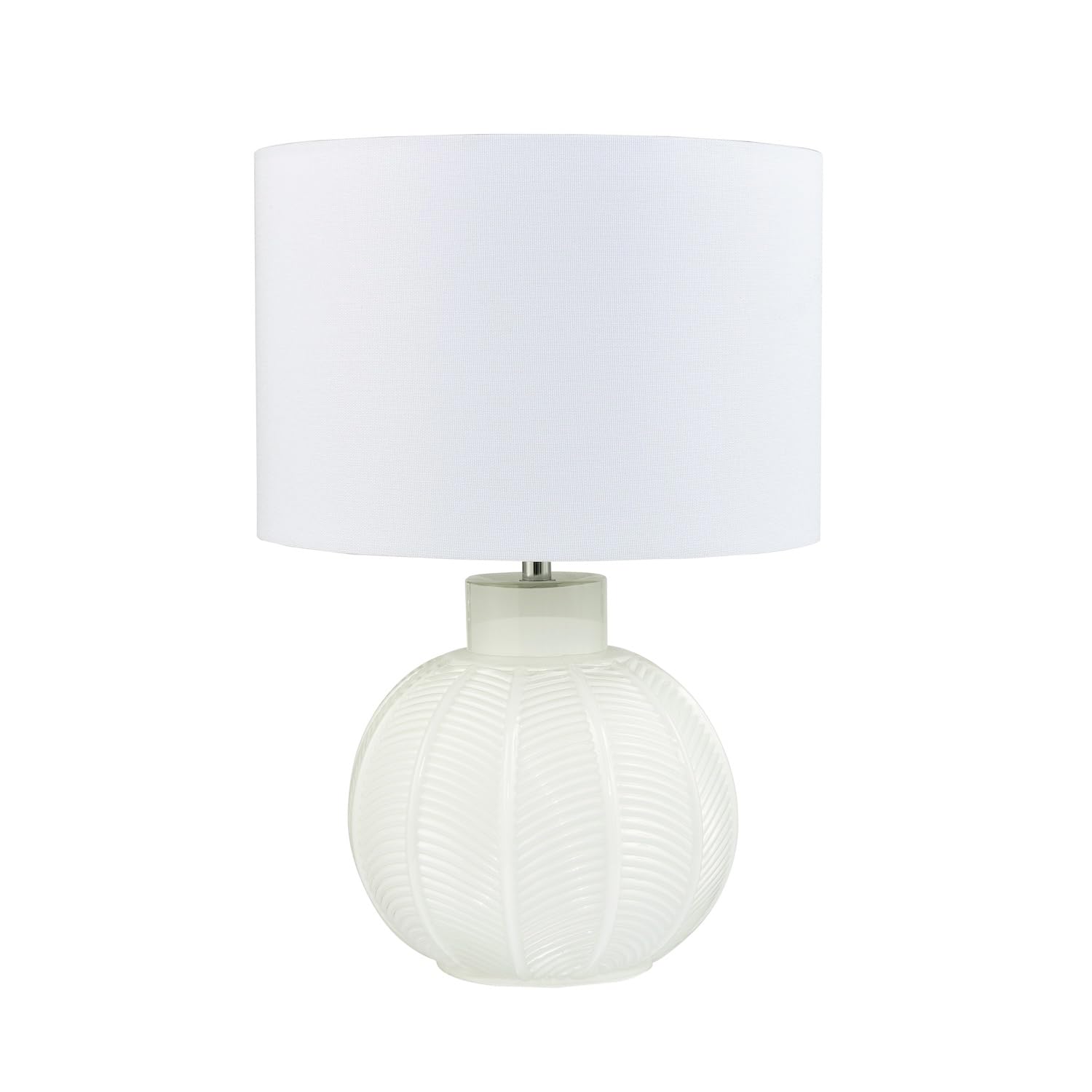 Happy Homewares Contemporary Opal White Glass Round Table Lamp in Leaf Design with Ivory White Linen Fabric Shade | 41cm x 30cm
