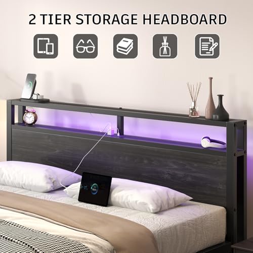 Image of E-Motie King Size Bed Frame with LED Lights, Industrial Platform Bed with Storage Headboard and Charging Station, Heavy Duty Metal Slats, No Box Spring Need, Noise Free, Easy Assembly, Black