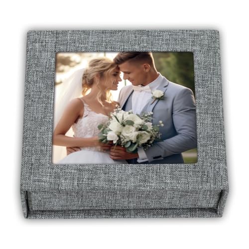 Cofre – Caja para memoria USB de boda con puerto USB para guardar fotos digitales, caja de fotos digitales, color gris oscuro, funda de vídeo digital – Regalo de boda, comunión y bautizo