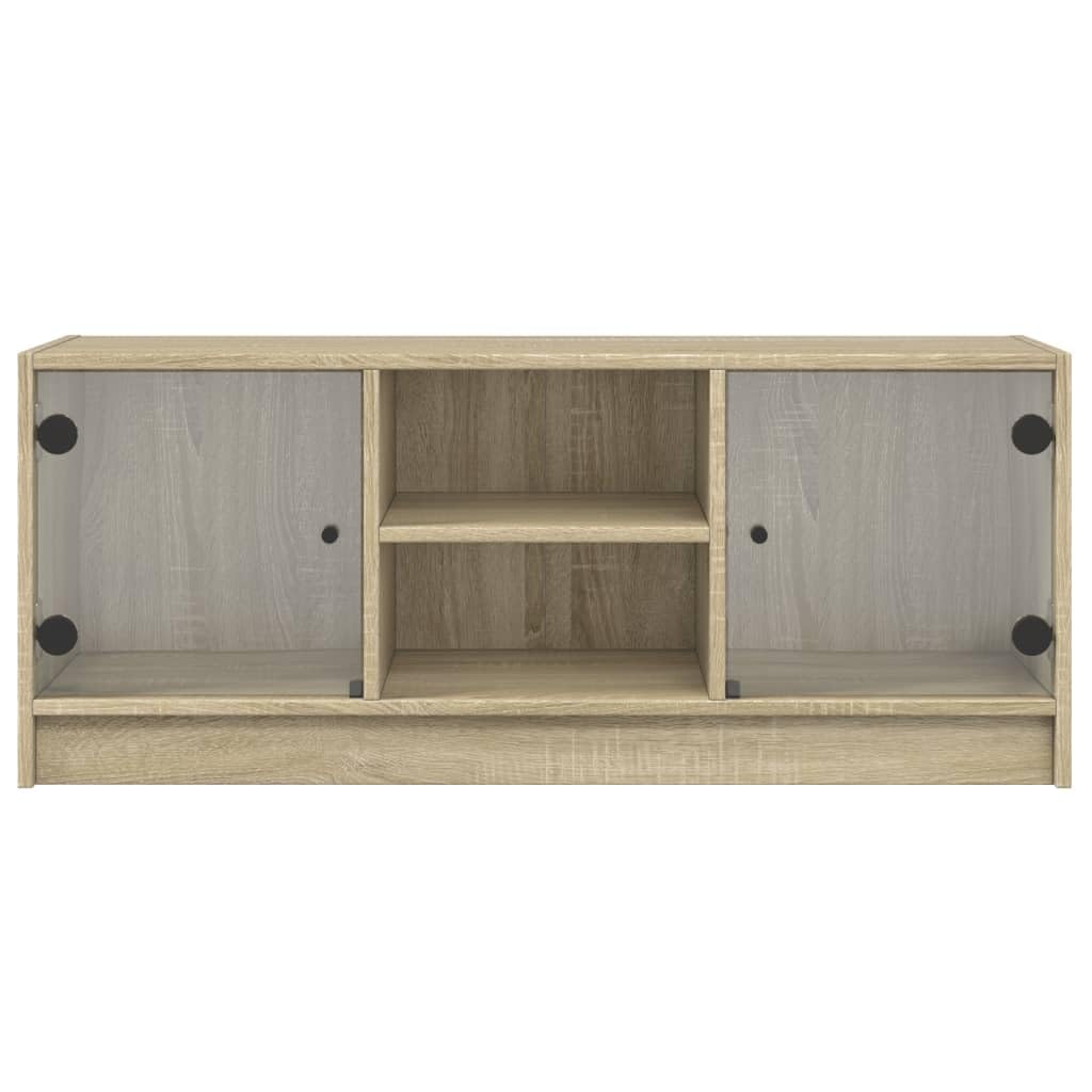 Mobile TV con ante in vetro, rovere Sonoma, 102 x 37 x 42 cm, mobile TV con vano portaoggetti, mobile basso e credenza per soggiorno, home theater, ripiano e gestione dei cavi
