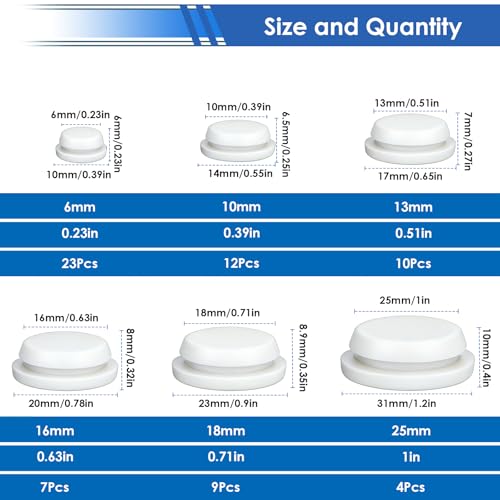 Image of smseace 65Pcs White Rubber Plugs 6-Sizes 1 inch 3 /4 inch 5 /8 inch 1 /2 inch 3 /8 inch 1 /4 inch Assorted Sizes Rubber Plugs for Holes for Furniture,Offices,Kitchens