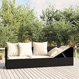 PTUGUOF Outdoor Lounge Bed with Adjustable Armrests and Removable Cushions, Black Poly Rattan Frame and Cream Cushions for Two People, Durable Powder-Coated Steel and Polyester