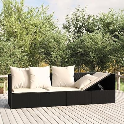 PTUGUOF Outdoor Lounge Bed with Adjustable Armrests and Removable Cushions, Black Poly Rattan Frame and Cream Cushions for Two People, Durable Powder-Coated Steel and Polyester