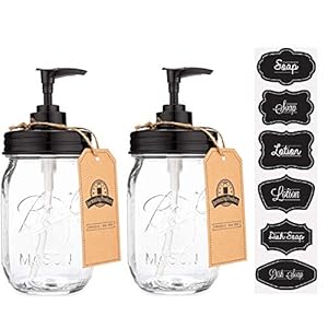 Jarmazing Products Black Mason Jar Soap Dispenser Jars – 2 pack – Rust proof plastic with Genuine Ball Pint Jars