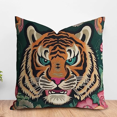 ArogGeld Animal Tiger Hand Floral Throw Pillow Cushion Colorful Flower Animal Print Tiger Square Pillow Covers Chinoiserie Chic Asian Throw Pillowcase for Sofa Living Room 24x24in White Linen