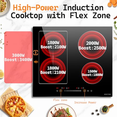 Image of Noxton 24 Inch Induction Cooktop, 4 Burners Electric Cooktop, Upgraded Induction Stovetop with Flex Zone, Power Boost, Pause, 9 Power Levels, Child Safety Lock, Timer, 7200W, 220-240V Hard wire