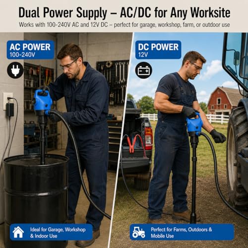 Image of Electric Drum Pump with120V AC /12V DC Power, 55 Gallon Drum Pump Electric, Built-in 2-Inch Bung Adapter, 5 GPM Flow Rate,Telescoping Suction Tube 34 inch to 49 inch Suitable for Diesel, DEF, Water, Antifreeze