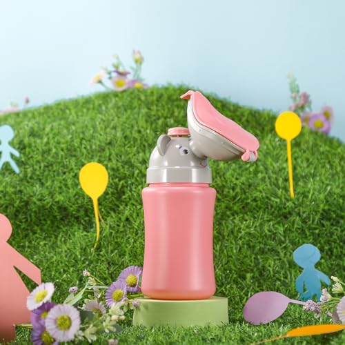 Image of ONEDONE Portable Urinal for Kids 17 OZ Pee Bottle with Clean Brush Travel Urinal for Kids Baby Child Pee Cup for Girls Emergency Toilet for Camping Car Travel and Kid Potty Training (Pink)