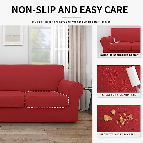 Image of Easy-Going Waterproof 2 Pieces Chair Cover Couch Covers for Sofa | Stretch Spandex Sofa Cover Protector Elastic Bottom for Cushion Couch Dog Pet Friendly Living Room Christmas Red