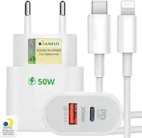 Carregador Turbo 50W + Cabo Compatível i.Phone - i.Phone X Xr 8 11 12 13 14 Plus Pro Max lPad, Duas Entradas USB e USBC, Fonte Tipo C + Cabo Lightnig - Kit Carregador Turbo 50W