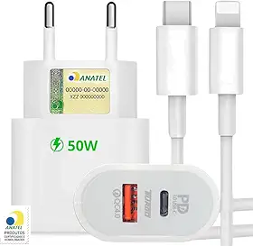 Carregador Turbo 50W + Cabo Compatível i.Phone - i.Phone X Xr 8 11 12 13 14 Plus Pro Max lPad, Duas Entradas USB e USBC, Fonte Tipo C + Cabo Lightnig - Kit Carregador Turbo 50W